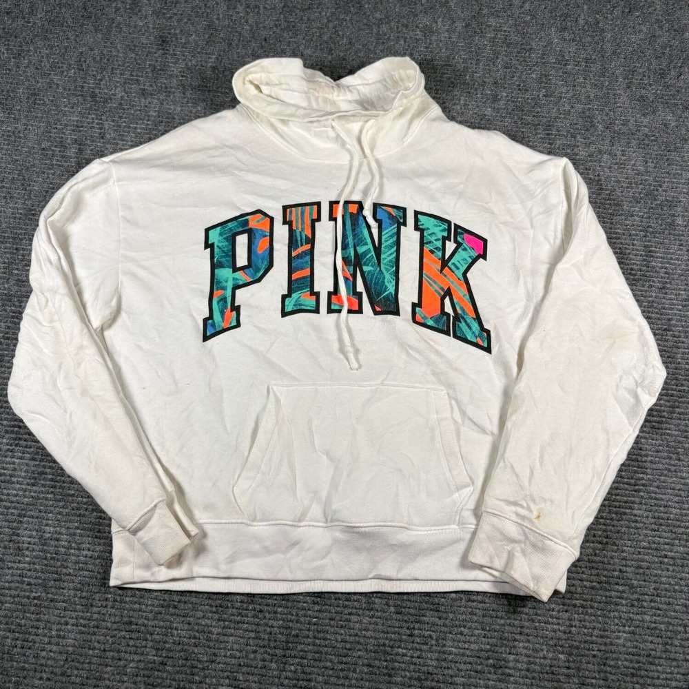 PINK Victoria's Secret Hoodie Women L White Good Tropical Logo Cowl Neck